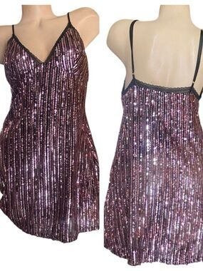 Victoria’s Secret Black Slip Dress Lingerie With Pink Sequins Side Zip large NWT